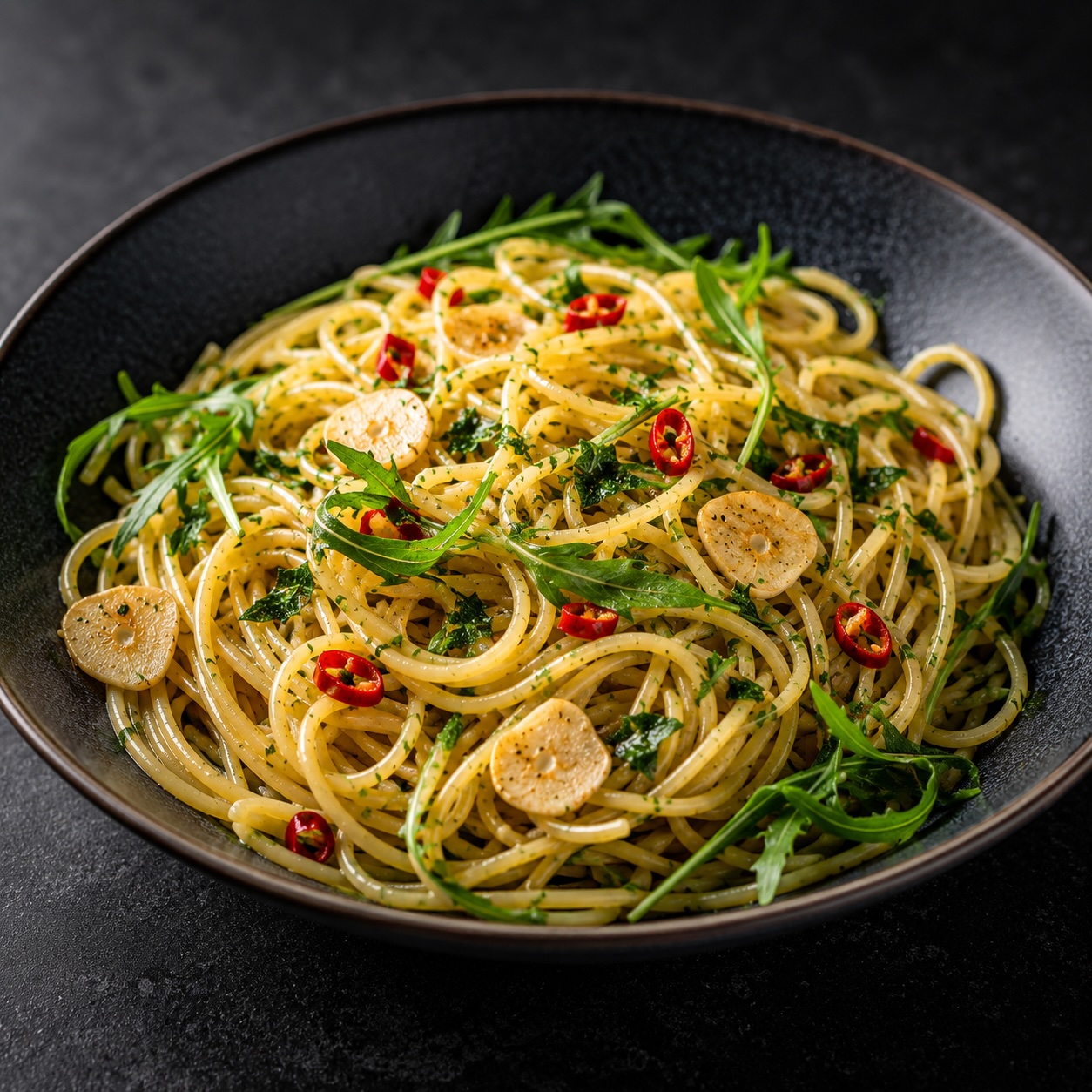 Spaghetti aglio e olio mit Chili, Knoblauch und Kräutern